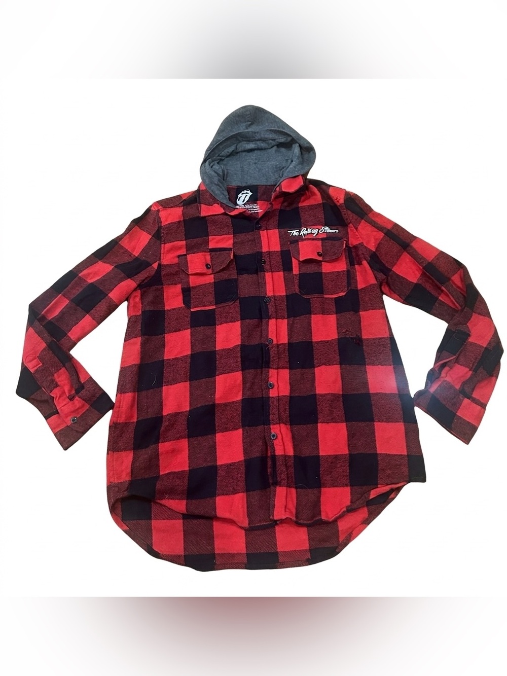 The Rolling Stones Hooded Flannel Shirt Mens Medium M Red Buffalo Plaid‎ Bravado